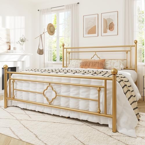 Allewie King Size Metal Platform Bed Frame, Victorian Headboard, Gold