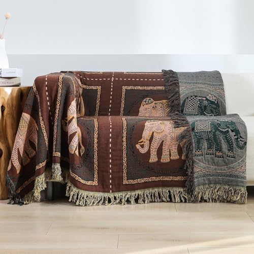 Elephant Pattern Cotton Boho Throw Blanket for Bed with Tassels 90"×98"