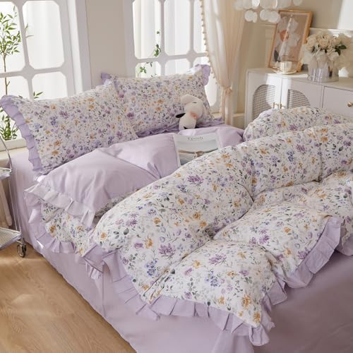 LifeTB Purple Flower Duvet Cover Set Twin XL, Soft 100% Cotton Romantic Ruffle Lace Bedding Set, Vintage Aesthetic Floral Comforter Cover, Cottagecore Flower Botanical Duvet Cover with Zipper Closure