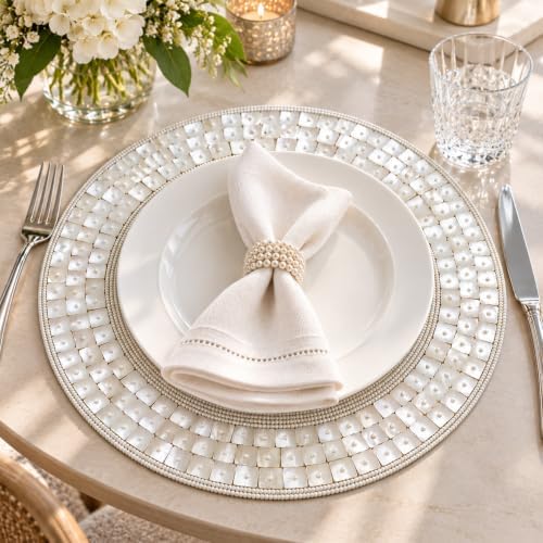 Beaded Placemats Set, 13 Inch Round Handmade Ivory Silver Dining Table Mats