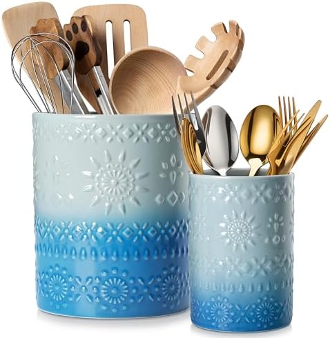 LOVECASA 7.2"+5.4" Ceramic Utensil Holder Set of 2, Coastal Crock