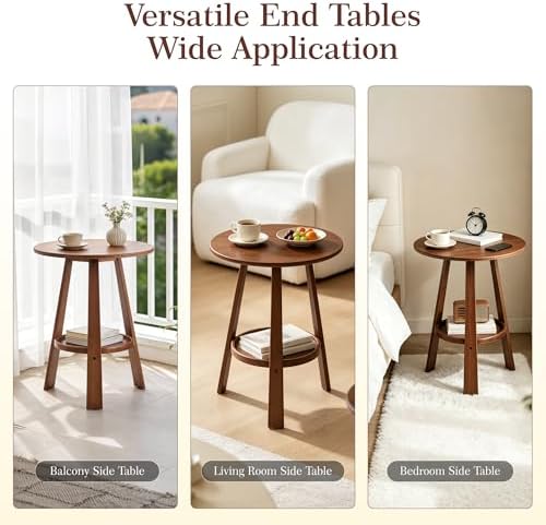 2-Tier Bamboo Round Side Table, Mid-Century Modern End Table