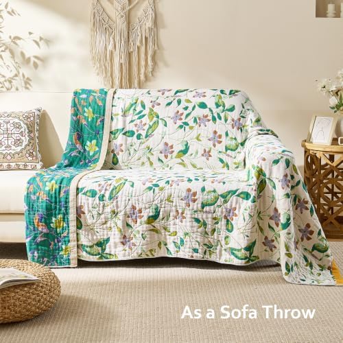 VANJOROY Boho Throw Blanket, 100% Organic Cotton Breathable Skin-Friendly Ultra Soft 50" x 60" Bed Quilt Throw - Floral Rustic Decor Luxury Reversible Blanket for Sofa Couch Chair and Gift,