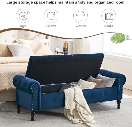 Storage Bench 67" Velvet End of Bed Benches Navy Blue