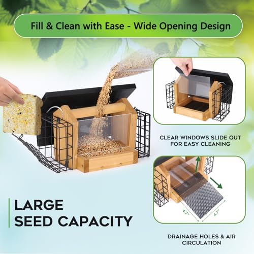 Gbekery Wooden Bird Feeder with Double Suet Metal Cage for Outdoors Hanging