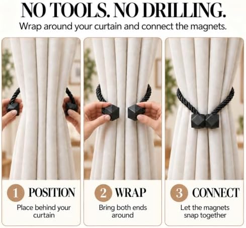 NazTur Magnetic Curtain Tiebacks, Curtain Ties, No-Drill Holdbacks (4 Pack)