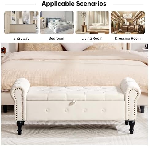 Storage Bench 51" Velvet End of Bed Benches Beige