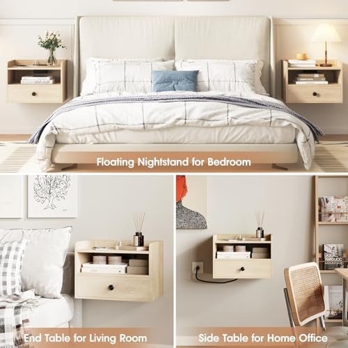 Floating Nightstand Set of 2 Modern Night Stands with Drawer and Open Shelf
