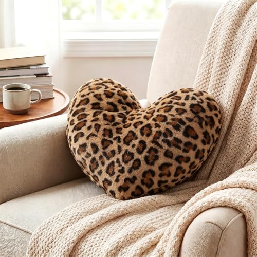 Leopard Heart Pillow Small Cheetah Print Love Pillows Soft Faux Fur Heart Shaped Decorative Pillow Cushion for Bed, Sofa, Couch, Bedroom & Living Room 13 x 10 Inch