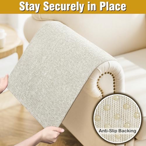 Couch Arm Covers, Sofa Arm Covers, Waterproof Armrest Cover for Sofa, Armchair, Loveseat, Non-Slip Recliner Arm Cover, Headrest Cover, Arm Chair Covers Set of 2 (Beige, 26"×26")