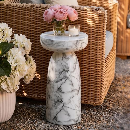 Faux Marble Side Table, 24Inch Outdoor End Table Pedestal