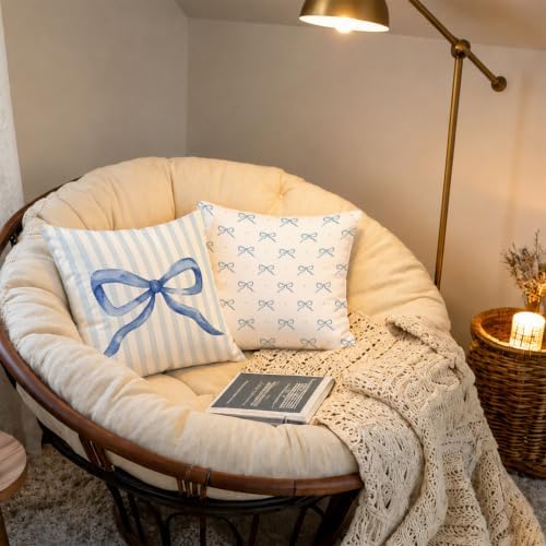 Blue Coquette Bow Pillow Covers 18x18 Set of 2, Preppy Room Decor
