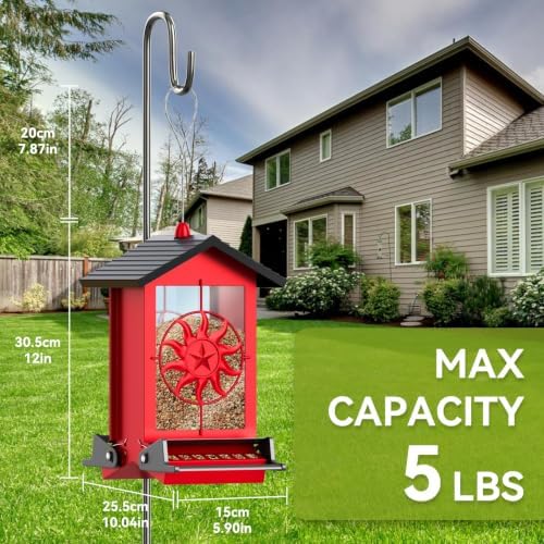 Squirrel Proof Bird Feeders for Outdoors with Weight-Activated, 5LB Large Metal Wild Bird Feeders for Cardinals,Blue Jay,Finch, Weatherproof Durable Hanging Bird Feeder for Backyard,Garden (Red)