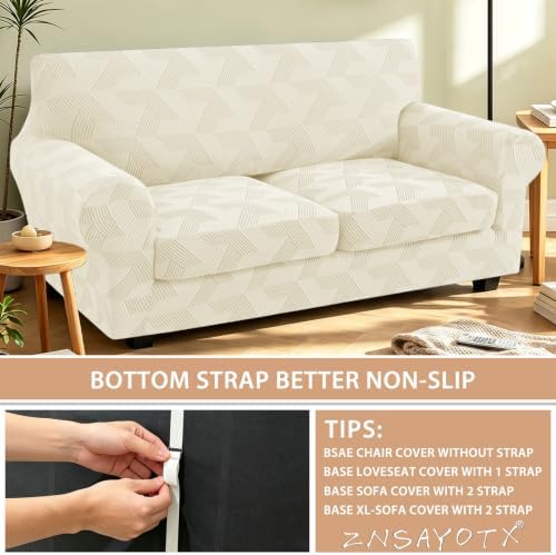 ZNSAYOTX 3 Piece Stretch Loveseat Covers (55"-71") New-Rectangle Texture, Thick Sofa Covers for 2 Cushion Couch Universal Sofa Slip Cover with Elastic Bottom & Buckle, Soft Protector Beige