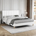 Queen Size Bed Frame with Linen Upholstered Headboard, White