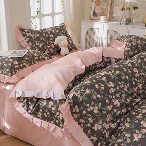 mixinni Vintage Floral Duvet Cover Set Twin Size – 100% Cotton Ruffle Lace Bedding, Pink Rose Flower and Green Leaf Print, Reversible Stripes Pattern, Grandmillennial Cottagecore Aesthetic 3Pcs