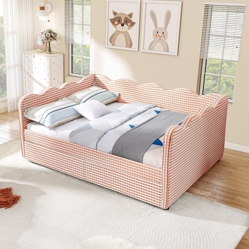 Full Size Daybed with Storage Drawers, Linen Gingham Daybed with USB Ports & Wave Shaped, Upholstered Day Bed Frame, Modern Sofa Bed for Living Room/Bedroom/Guest Room, No Box Spring Needed, Pink
