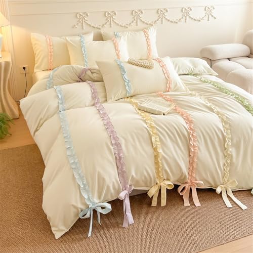 Colorful Striped Ruffled Bedding with Cute Bow,Chic Ruffle Romantic Queen Duvet, Coquette Aesthetic Style 3 piece Duvet Cover Set-1Queen Duvet Cover with 2 Pillowcases, No Comforter