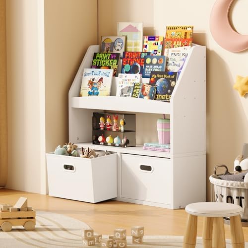 Homeiju Kids Bookshelf & Toy Storage Organizer with 2 Fabric Bins, 3 Tier Children Book Shelf, Toddler Bookcase for Toddler, Kids Room, Toys, Nursery, Playroom, White