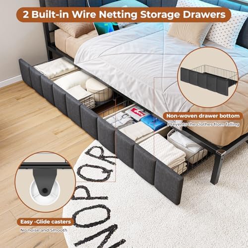 DICTAC Corner Full Bed Frame with 2 Storage Drawers and Charging Station Full Size Platform Bed Frame with Led Lights and Upholstered Guardrail Full Size Daybed for Teen/Adult with Storage,Gray
