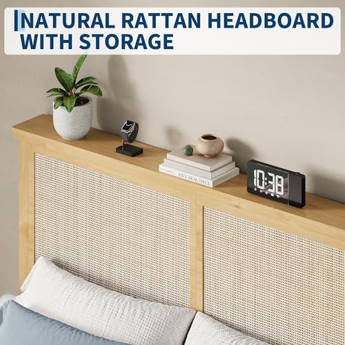 Jojoka Rattan Bed Frame with Natural Headboard & LED Lights - Sturdy Wood Slats, Silent Plain Legs, Ample Underbed Storage - No Box Spring Needed, Bedroom Furniture, Twin Size