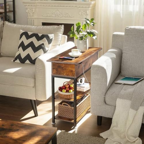 Rotating Top End Table with Charging Station, 24" W x 12" D x 27" H, Brown