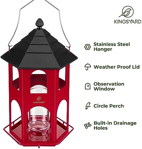 Kingsyard Metal Bird Feeder for Outdoor Hanging, Wild Bird Feeders with Circular Perch, Easy to Clean & Refill, 4 lbs Large Seed Capacity, Red