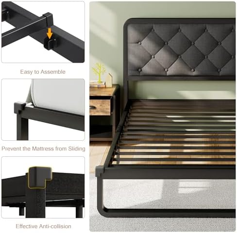 Einhomn Twin Size Bed Frame with Linen Tufted Headboard, Heavy Duty Metal Platform Bed Frame with U-Shaped Foundation, 12" Underbed Space, Noise Free, No Box Spring Needed, Easy Assembly, Dark Grey
