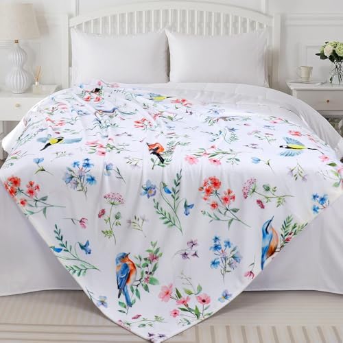 Floral Bird Blanket Ultra Soft Watercolor Flowers Throw Blankets Wildflower Flannel Fleece Throw Botanical Warm Cozy Fuzzy Plus Gifts Cabin Blanket for Bed Sofa,60" X 80"