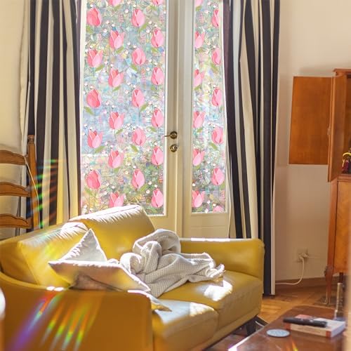 Window Film,Rainbow Window Privacy Film,17.5" x 78.7"Tulip Vine Double Sided Static Glass Window Clings Stickers for Home Office Living Room Bathroom Glass Windows Door Decor