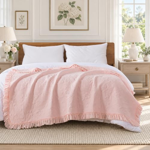 Brandream Pink Ruffled Quilted Throw Blanket Cotton 47 X 60 Chic Throw