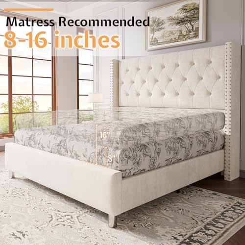 Jocisland King Size Bed Frame with Headboard, 49.2" Velvet Tufted, Cream