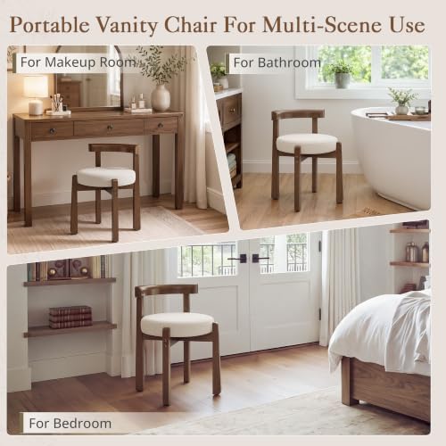 LUE BONA Wood Vanity Chair Stool with Back, Mid-Century Makeup Bench, Beige