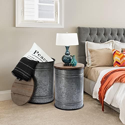 RUSTOWN Farmhouse Accent Side Table, Set of 2 Galvanized Storage Ottoman