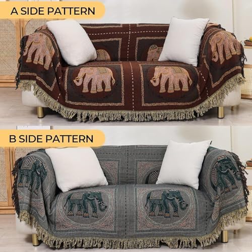 Elephant Pattern Cotton Boho Throw Blanket for Bed with Tassels 90"×98"