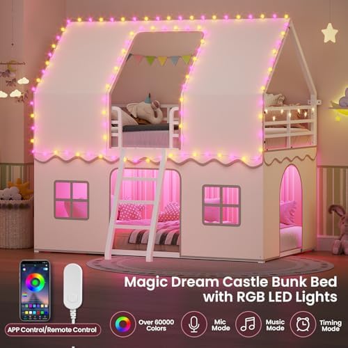 Girls Bunk Bed Twin Over Twin, House Loft Bed with LED Lights