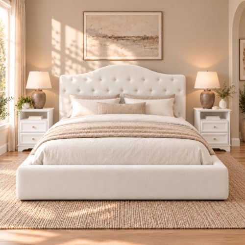 Yechen Queen Cloud Bed Frame, 6" Thick Curved Tufted Headboard, Ivory
