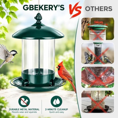 Gbekery Metal Bird Feeders for Outdoors Hanging, 360° Feeding Tray, Green