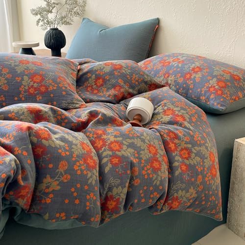 HighBuy Aesthetic Brunt Orange Floral Duvet Cover Set King,100% Muslin Cotton Soft Durable Reversible Coquette Gauze Bedding Set,Vintage Floral Bedding Set,Duvet Cover with 2 Pillowcases