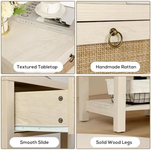 VOWNER Rattan Nightstands Set of 2 - Farmhouse Bedside Table Night Stand with Drawer and Storage Shelf, Boho End Side Table for Bedroom, Mesitas De Noche para Dormitorio, Light Oak