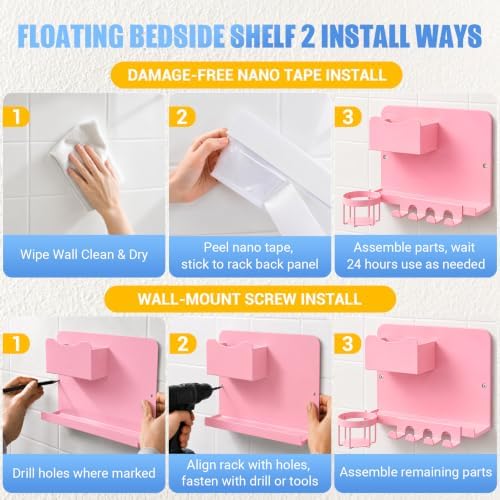 Metal Bedside Wall Shelf, No Drill Floating Bedside Shelf Wall Organizer