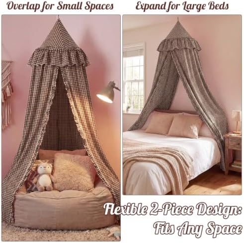 SmoothNovelty Gingham Plaid Bed Canopy, Brown White, Round