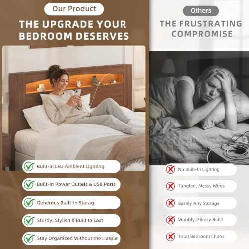 Queen Size Headboard Only, Sturdy Wood Bed Backboard with Solid Wood Legs, 3 Storage Zones, Unique Skirting Groove, High Load Capacity, 15mm Thick Construction (Walnut, King)