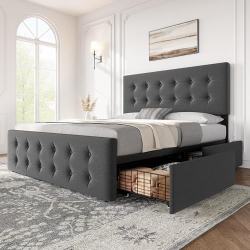 IDEALHOUSE Full Bed Frame with 4 Storage Drawers and Headboard, Dark Grey