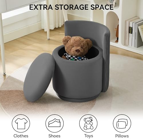 WUTUTUEE Velvet Vanity Chair with Storage, 360° Swivel Makeup Chair with Wave Back, No Assembly Small Accent Stool for Bedroom, Dressing, Living Room, Grey