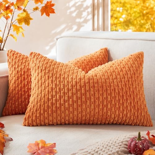 Kevin Textile Soft Corduroy 12"x20" Lumbar Pillow Covers 2 Pack, Orange