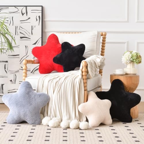 Star Pillow, Decorative Throw Pillows for Bed Couch, 15" Star Shaped Pillow Plush Floor Cushions Room Decor Pillow with Faux Rabbit Fur for Sofa Bedroom Living Room (Light Grey, 15" x 15")