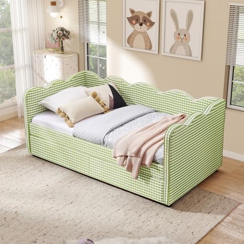 Twin Size Daybed with Storage Drawers, Linen Gingham Daybed with USB Ports & Wave Shaped, Upholstered Day Bed Frame, Modern Sofa Bed for Living Room/Bedroom/Guest Room, No Box Spring Needed, Green