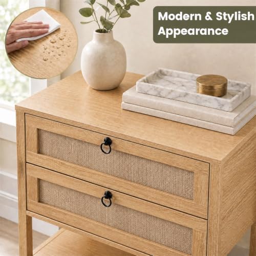 GIANTEX Rattan Nightstand with 2 Drawers, 27" Wide Boho Bedside Table