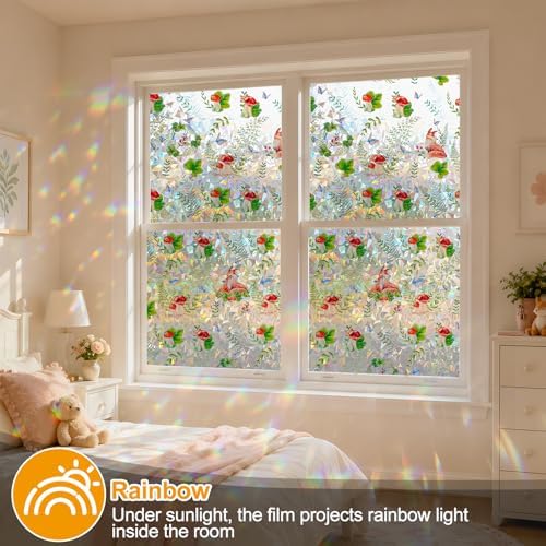 Countewol Privacy Window Films Stain Glass Cling No Glue Anti-UV Window Sticker for Bathroom Bedroom Living Room(Forest Rainbow 70.86" L*30.7" W)